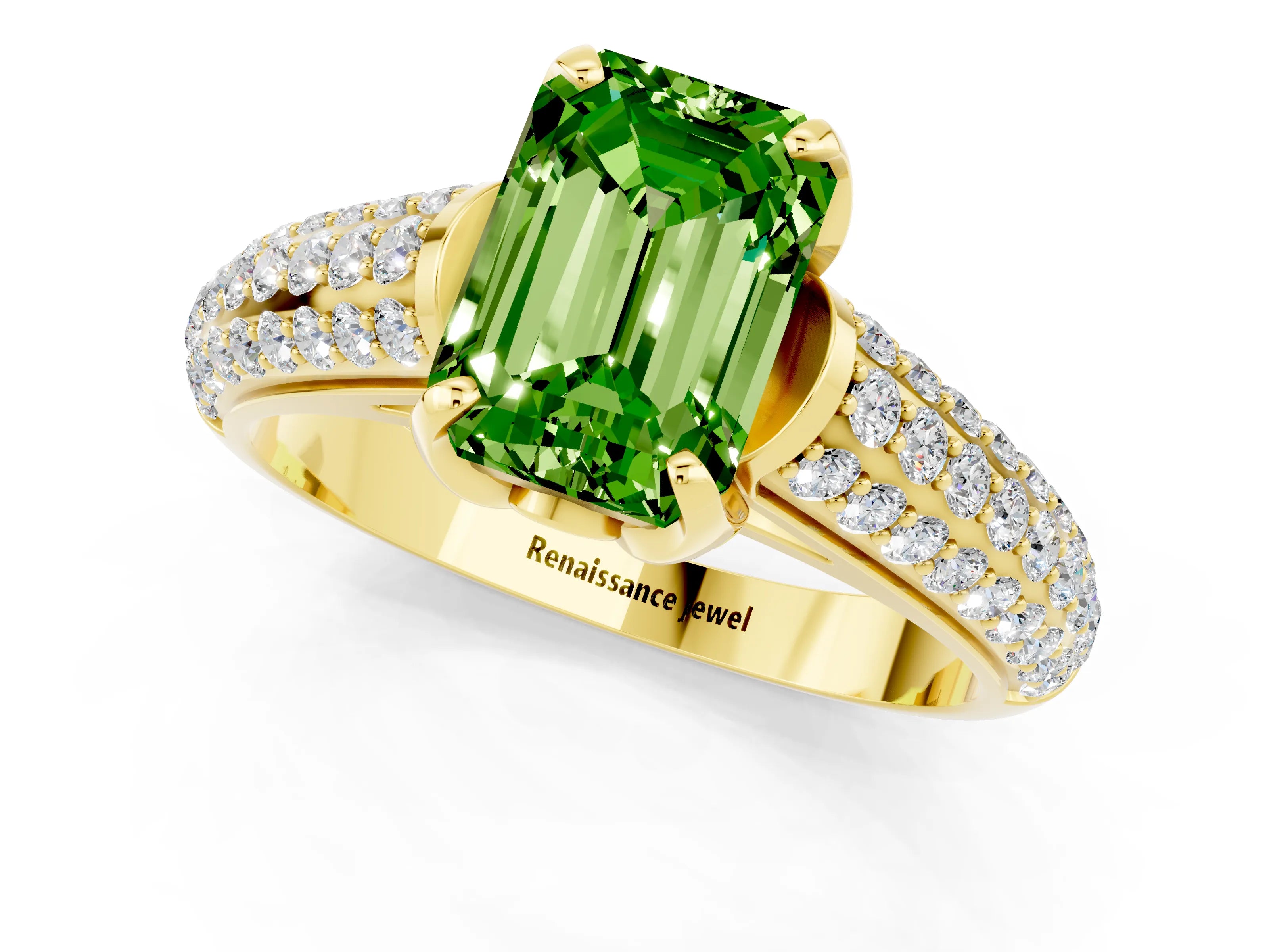 Yellow gold Emerald Cut Peridot Solitaire Ring with Three-Row Pavé Band and Four-Prong Setting_13