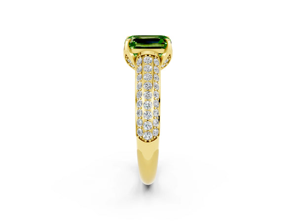 Yellow gold Emerald Cut Peridot Solitaire Ring with Three-Row Pavé Band and Four-Prong Setting