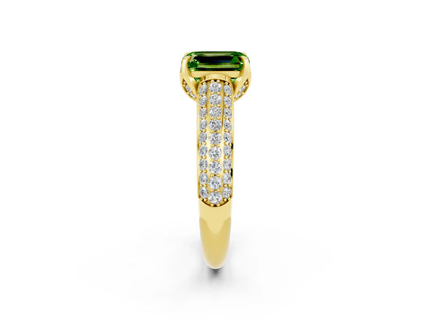 Yellow gold Emerald Cut Peridot Solitaire Ring with Three-Row Pavé Band and Four-Prong Setting_14