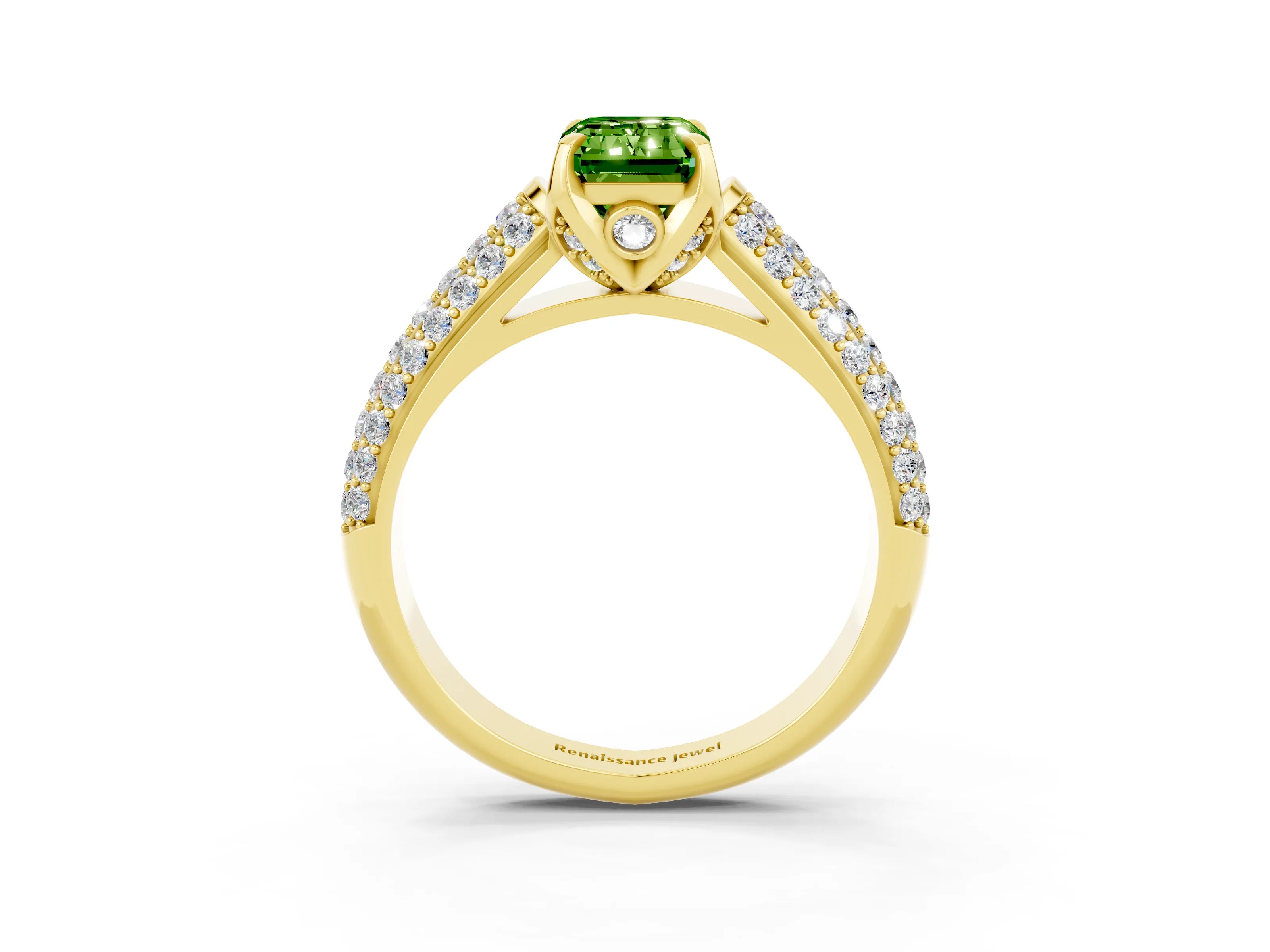 Yellow gold Emerald Cut Peridot Solitaire Ring with Three-Row Pavé Band and Four-Prong Setting_15