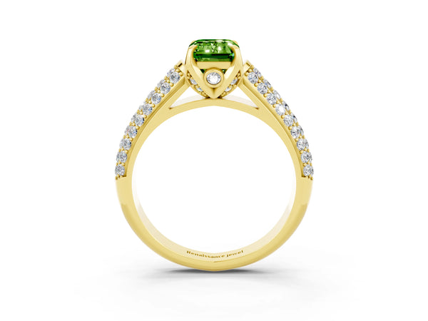Yellow gold Emerald Cut Peridot Solitaire Ring with Three-Row Pavé Band and Four-Prong Setting