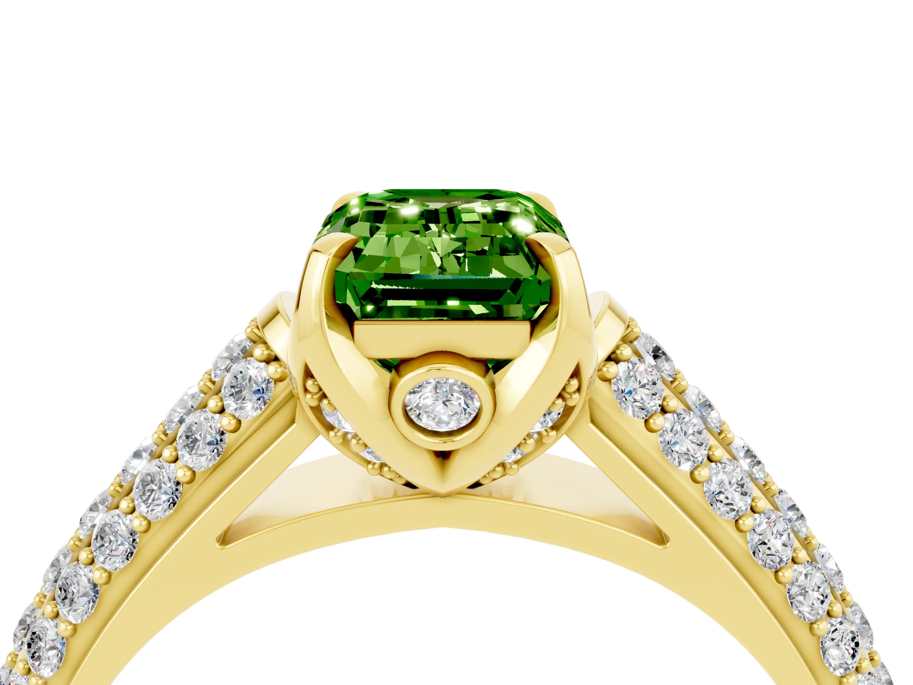 Yellow gold Emerald Cut Peridot Solitaire Ring with Three-Row Pavé Band and Four-Prong Setting_16
