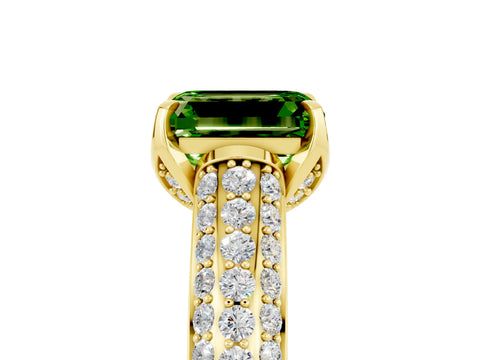 Yellow gold Emerald Cut Peridot Solitaire Ring with Three-Row Pavé Band and Four-Prong Setting_17