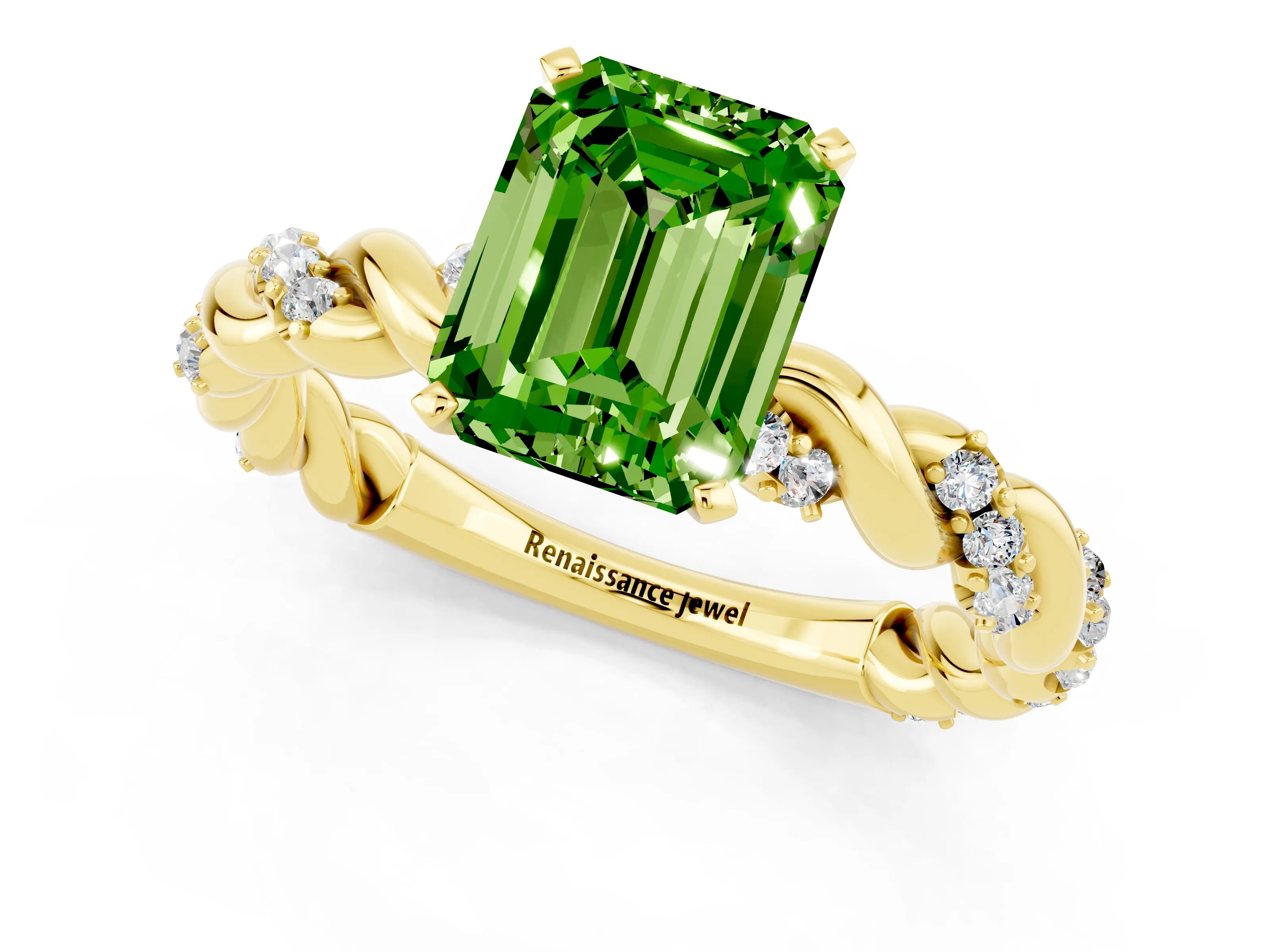 Yellow gold Emerald Cut Peridot Solitaire Ring with Twisted Band and Pavé Accents_1