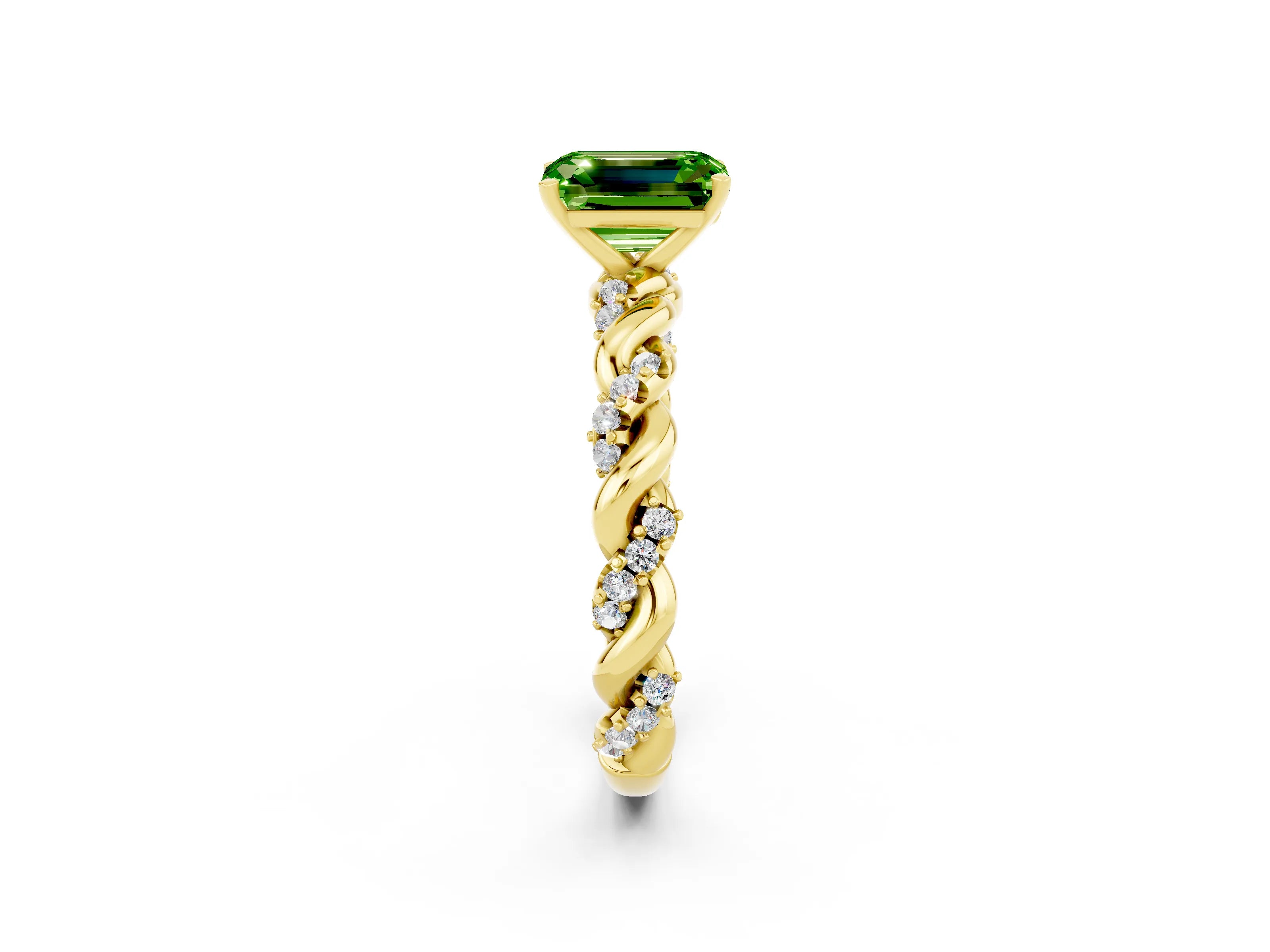 Yellow gold Emerald Cut Peridot Solitaire Ring with Twisted Band and Pavé Accents_2