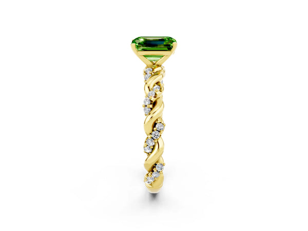 Yellow gold Emerald Cut Peridot Solitaire Ring with Twisted Band and Pavé Accents