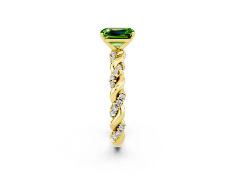 Yellow gold Emerald Cut Peridot Solitaire Ring with Twisted Band and Pavé Accents_2