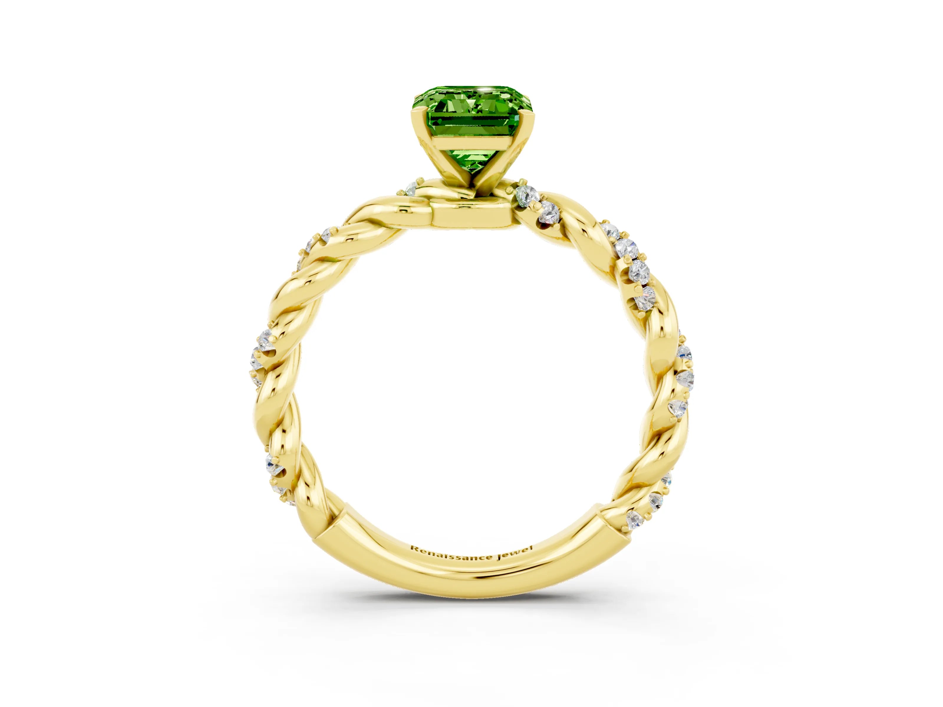 Yellow gold Emerald Cut Peridot Solitaire Ring with Twisted Band and Pavé Accents_3