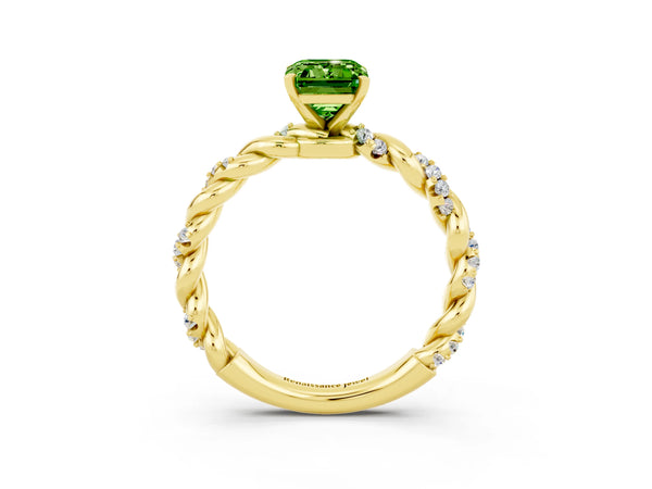 Yellow gold Emerald Cut Peridot Solitaire Ring with Twisted Band and Pavé Accents