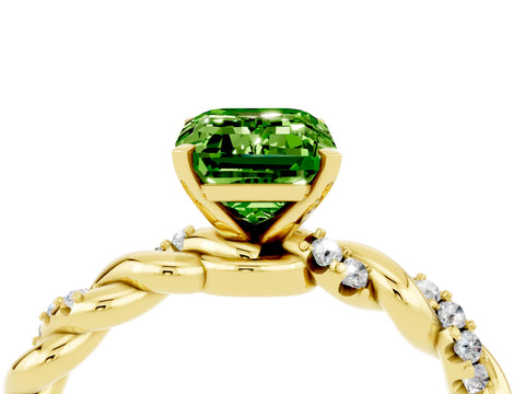 Yellow gold Emerald Cut Peridot Solitaire Ring with Twisted Band and Pavé Accents_4