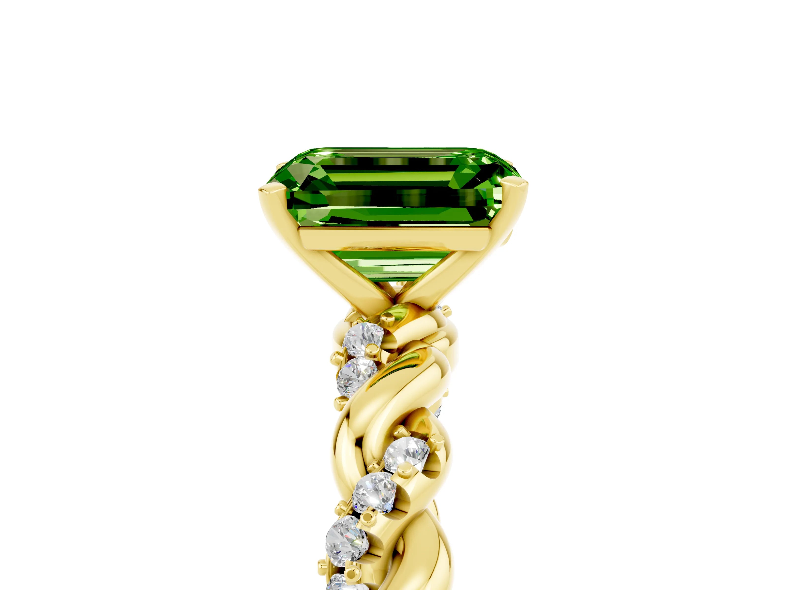 Yellow gold Emerald Cut Peridot Solitaire Ring with Twisted Band and Pavé Accents_5