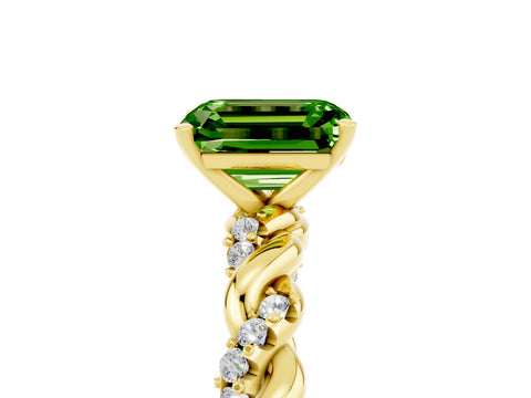 Yellow gold Emerald Cut Peridot Solitaire Ring with Twisted Band and Pavé Accents_5
