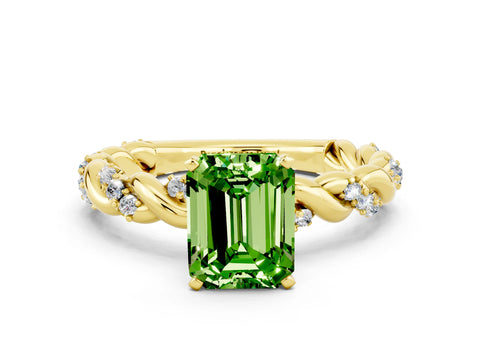 Yellow gold Emerald Cut Peridot Solitaire Ring with Twisted Band and Pavé Accents