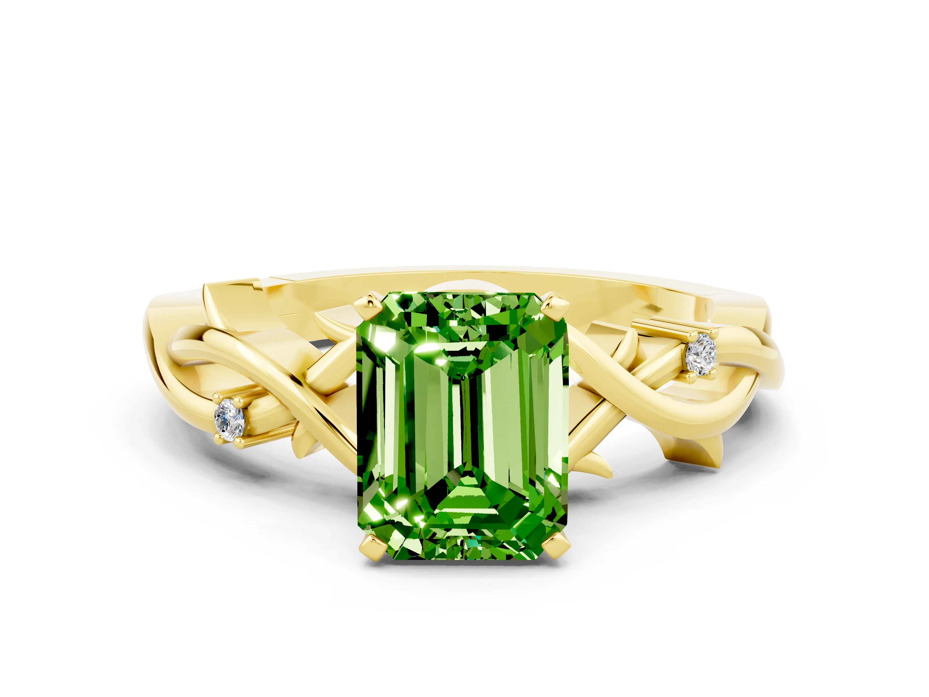 Yellow gold Emerald Cut Peridot Solitaire Ring with Twisted Band and Prong Setting