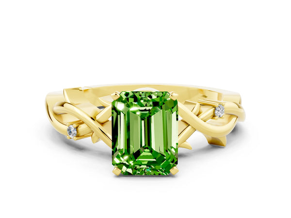 Yellow gold Emerald Cut Peridot Solitaire Ring with Twisted Band and Prong Setting
