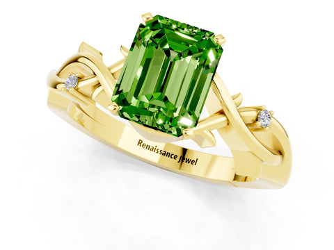 Yellow gold Emerald Cut Peridot Solitaire Ring with Twisted Band and Prong Setting_1