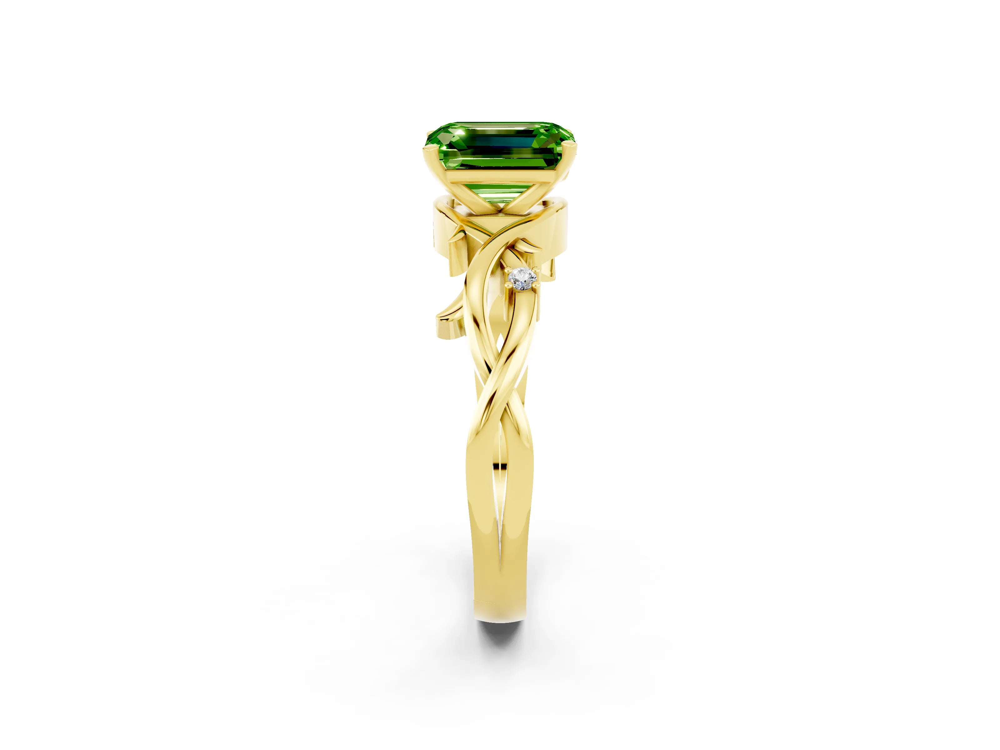 Yellow gold Emerald Cut Peridot Solitaire Ring with Twisted Band and Prong Setting_2