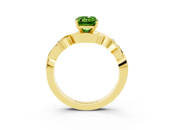 Yellow gold Emerald Cut Peridot Solitaire Ring with Twisted Band and Prong Setting