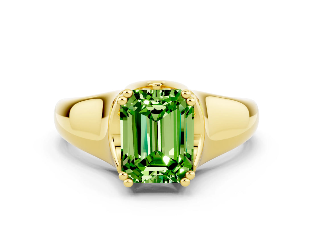 Yellow gold Emerald Cut Peridot Solitaire Ring with Wide Band and Prong Setting