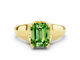 Yellow gold Emerald Cut Peridot Solitaire Ring with Wide Band and Prong Setting
