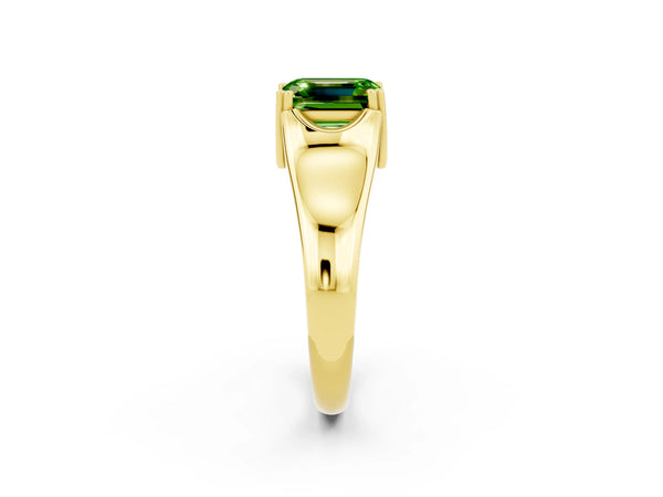 Yellow gold Emerald Cut Peridot Solitaire Ring with Wide Band and Prong Setting