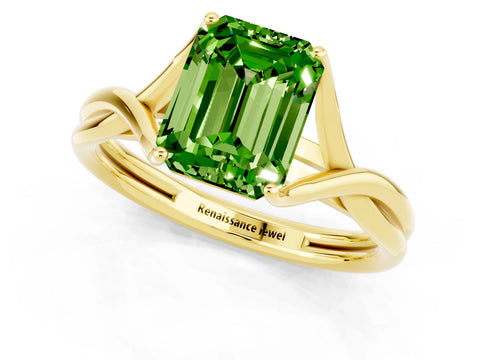 Yellow gold Emerald Cut Peridot   Solitaire Twist Band Prong Setting Ring_13