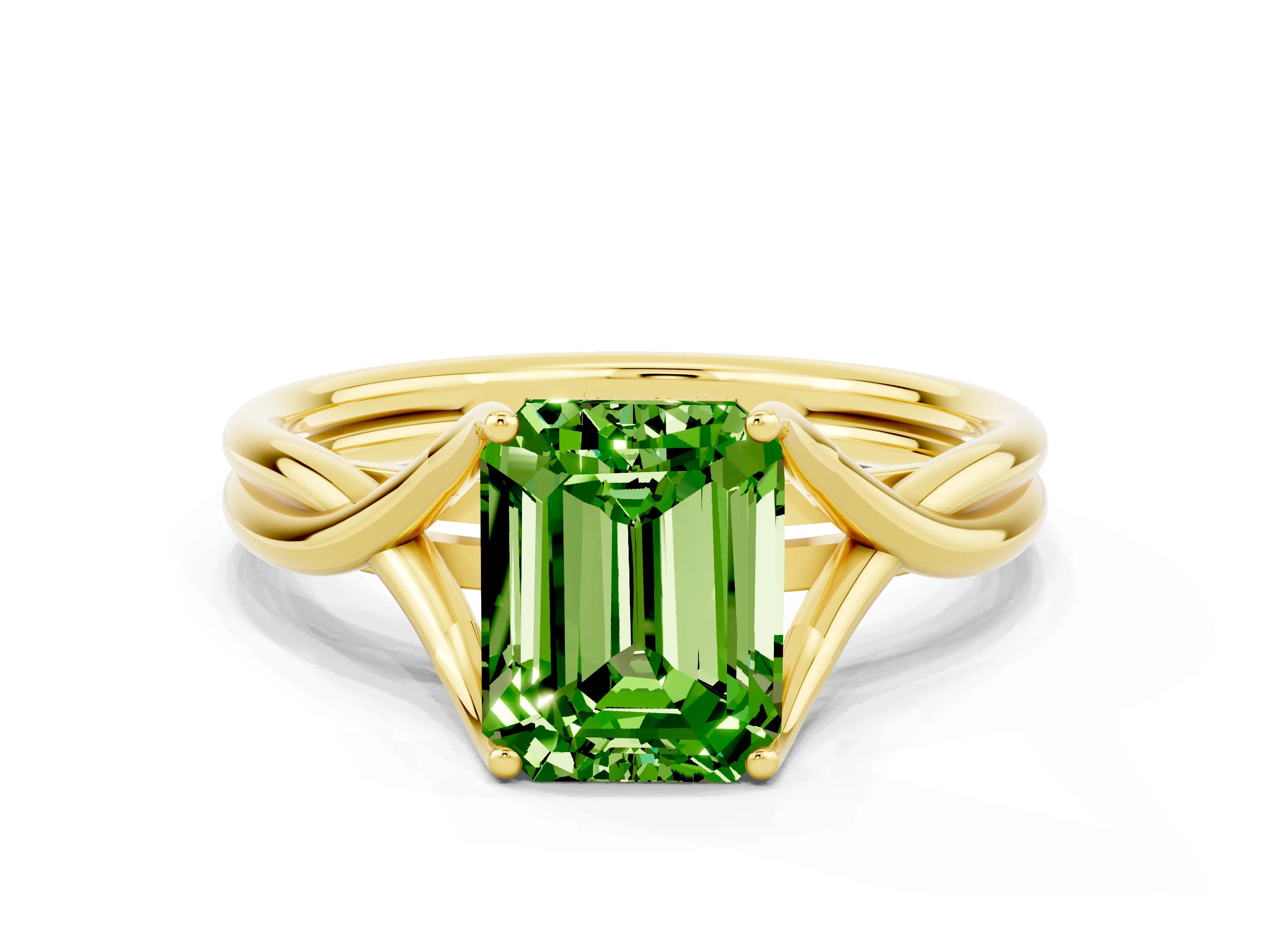 Yellow gold Emerald Cut Peridot Solitaire Twist Band Prong Setting Ring_36