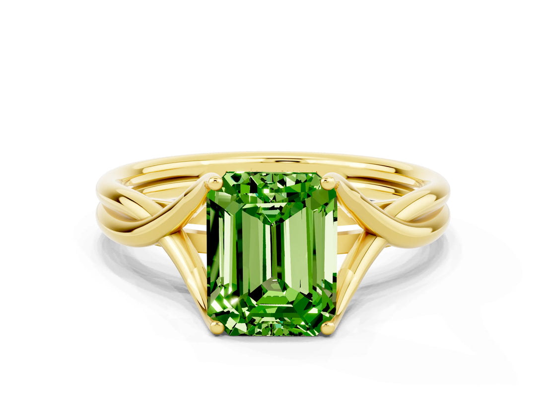 Yellow gold Emerald Cut Peridot Solitaire Twist Band Prong Setting Ring_36
