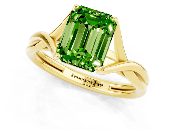 Yellow gold Emerald Cut Peridot Solitaire Twist Band Prong Setting Ring