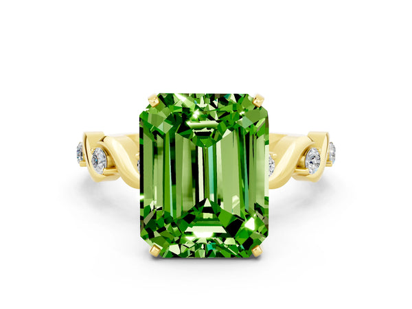 Yellow gold Emerald Cut Peridot Solitaire Twisted Band with Round  Accents and Prong Setting