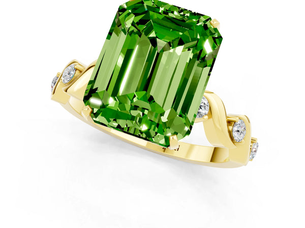 Yellow gold Emerald Cut Peridot Solitaire Twisted Band with Round  Accents and Prong Setting