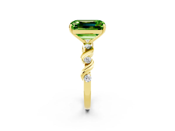 Yellow gold Emerald Cut Peridot Solitaire Twisted Band with Round  Accents and Prong Setting