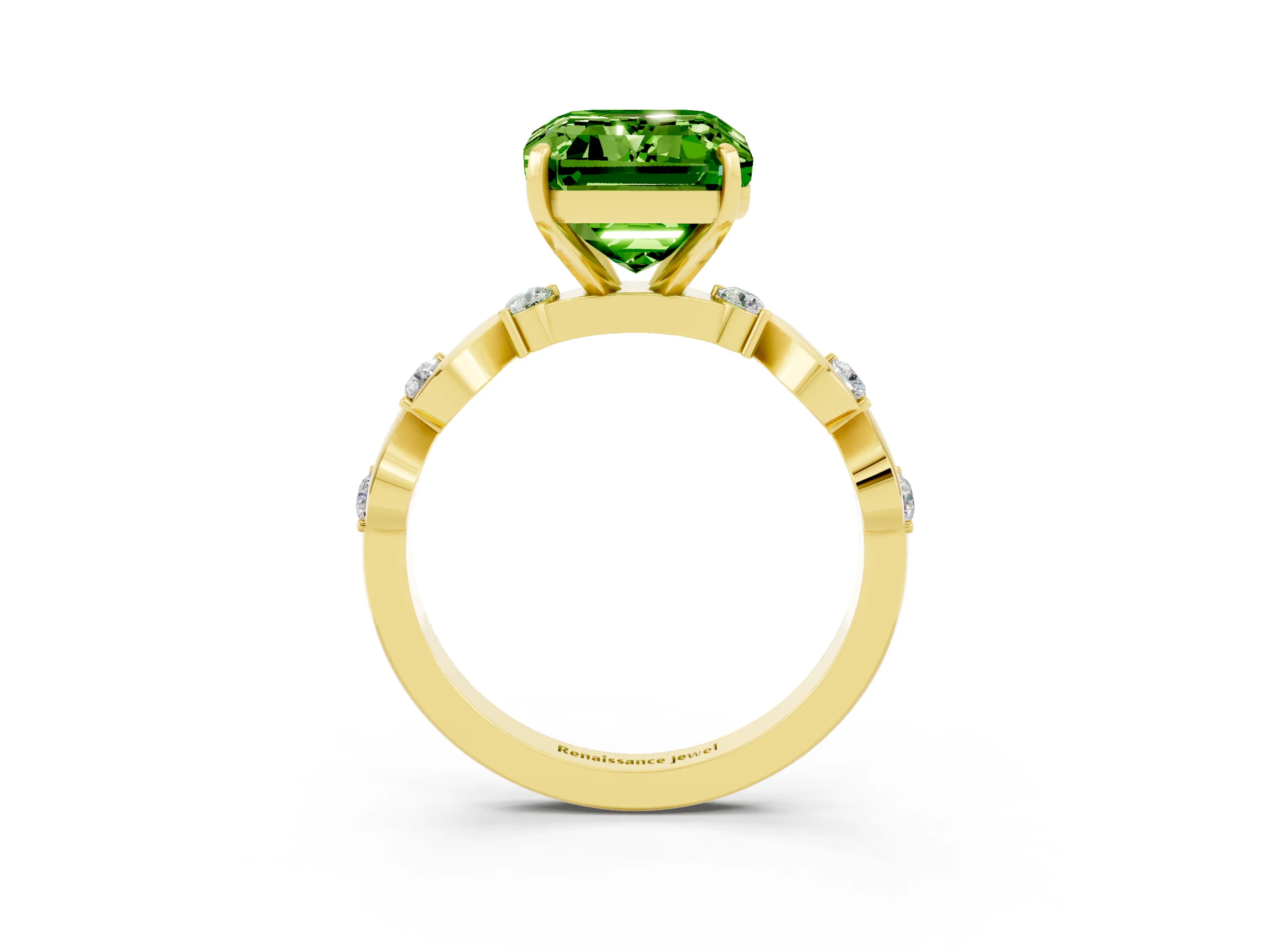 Yellow gold Emerald Cut Peridot Solitaire Twisted Band with Round  Accents and Prong Setting_15