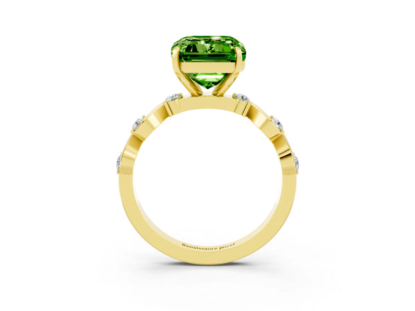 Yellow gold Emerald Cut Peridot Solitaire Twisted Band with Round  Accents and Prong Setting