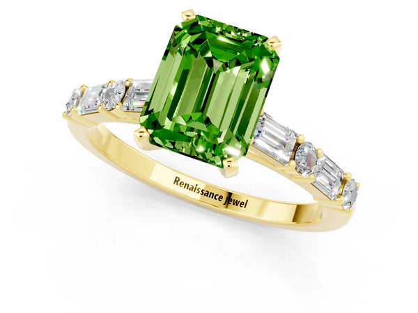 Yellow gold Emerald Cut Peridot Solitaire with Side Baguettes and Channel Set Band