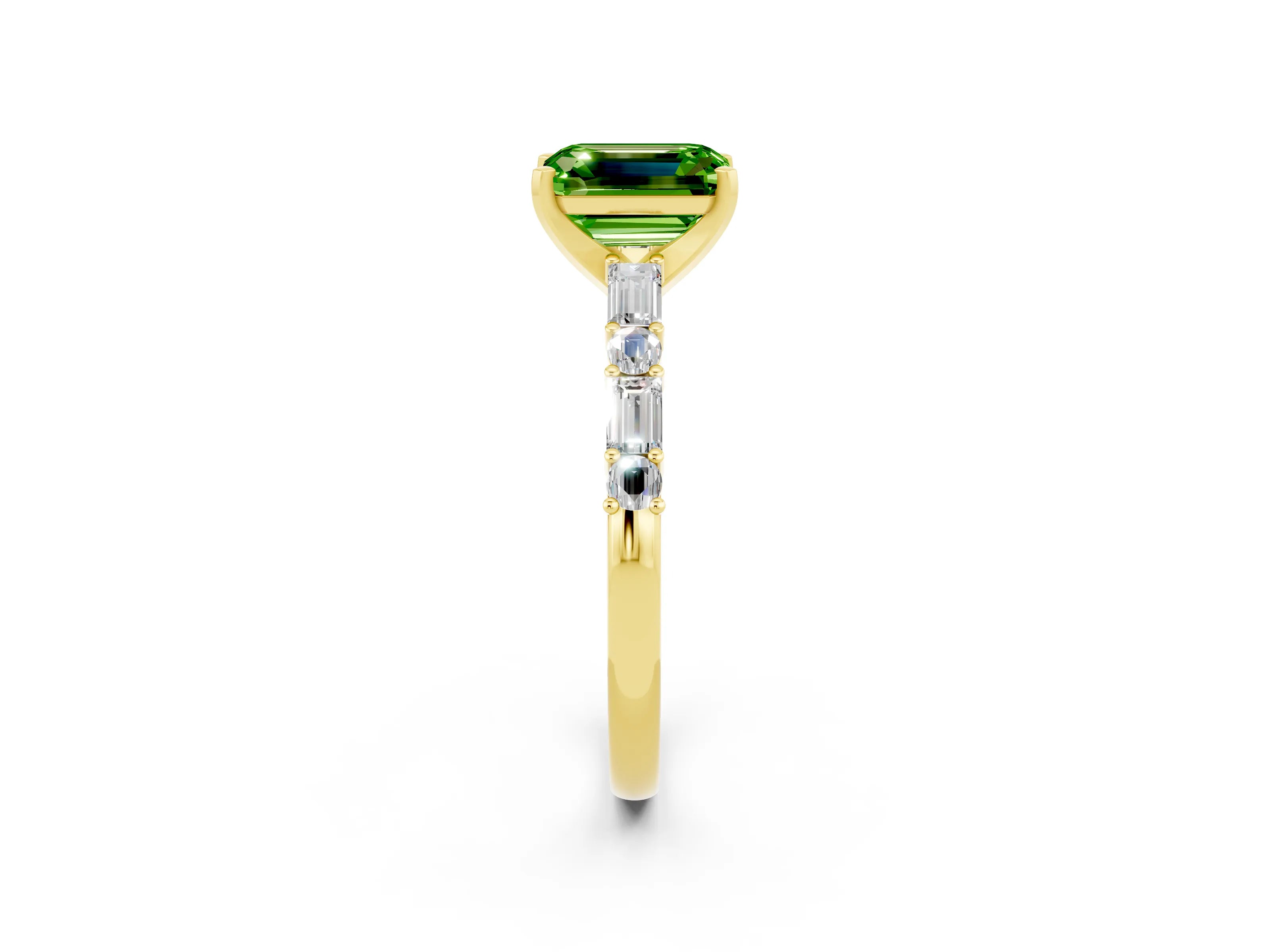 Yellow gold Emerald Cut Peridot Solitaire with Side Baguettes and Channel Set Band_2