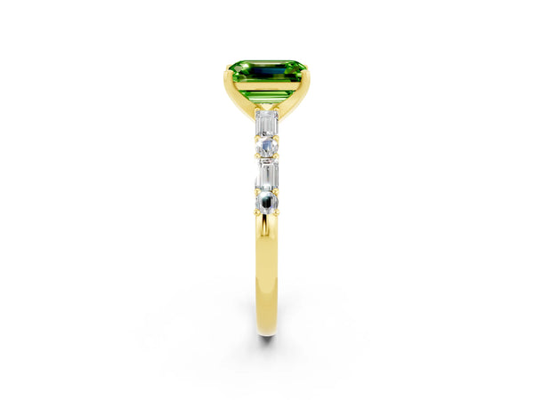 Yellow gold Emerald Cut Peridot Solitaire with Side Baguettes and Channel Set Band