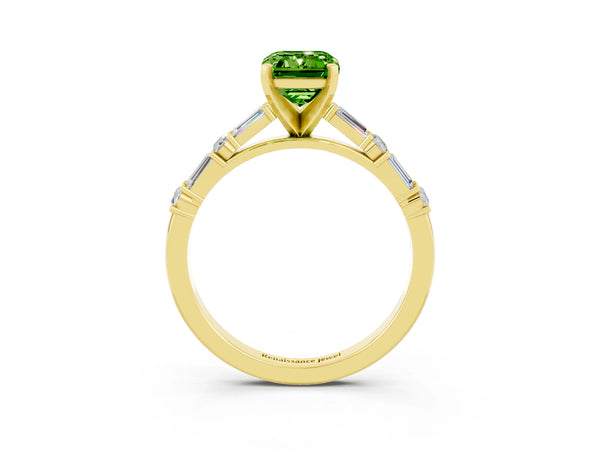 Yellow gold Emerald Cut Peridot Solitaire with Side Baguettes and Channel Set Band