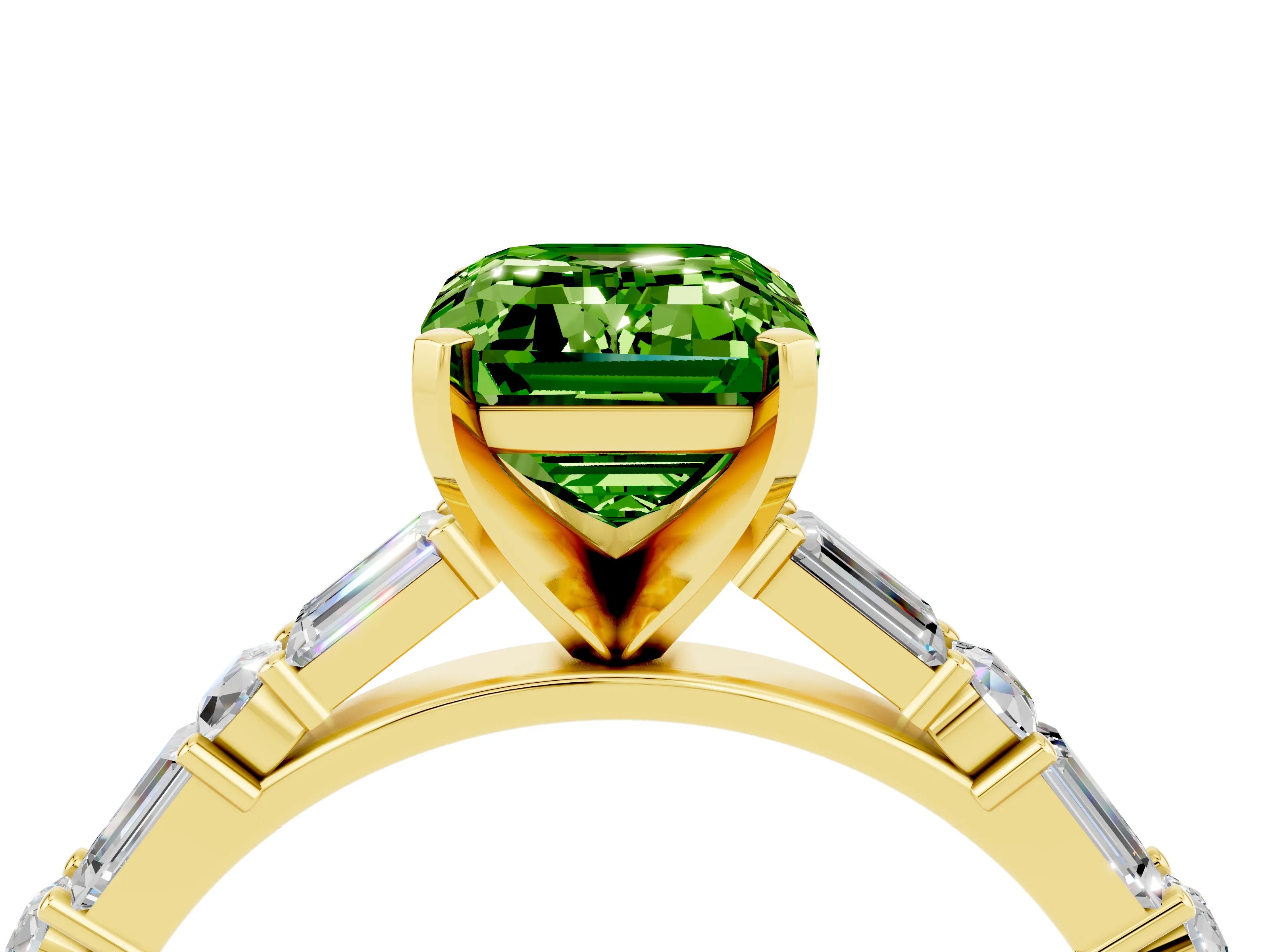 Yellow gold Emerald Cut Peridot Solitaire with Side Baguettes and Channel Set Band_4