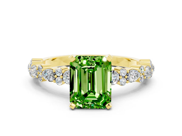 Yellow gold Emerald Cut Peridot Side Stone Solitaire Ring with Round  and Four-Prong Setting