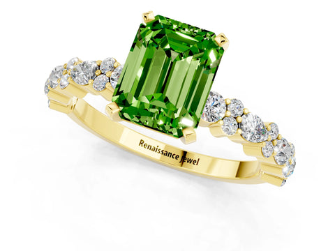 Yellow gold Emerald Cut Peridot Solitaire with Side Stones, Pave Band, Four-Prong Setting_25