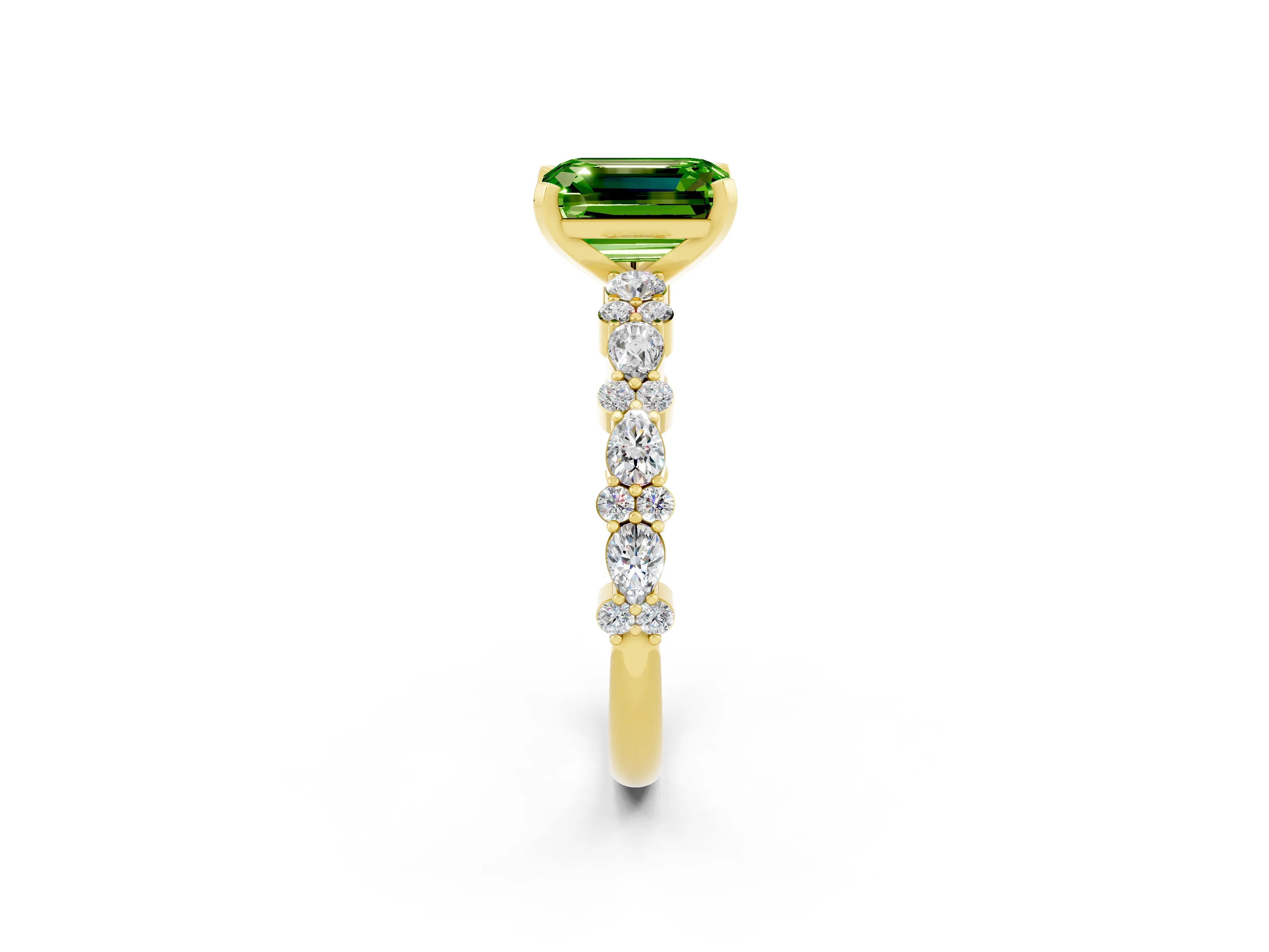 Yellow gold Emerald Cut Peridot Solitaire with Side Stones, Pave Band, Four-Prong Setting_26
