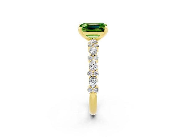 Yellow gold Emerald Cut Peridot Side Stone Solitaire Ring with Round  and Four-Prong Setting