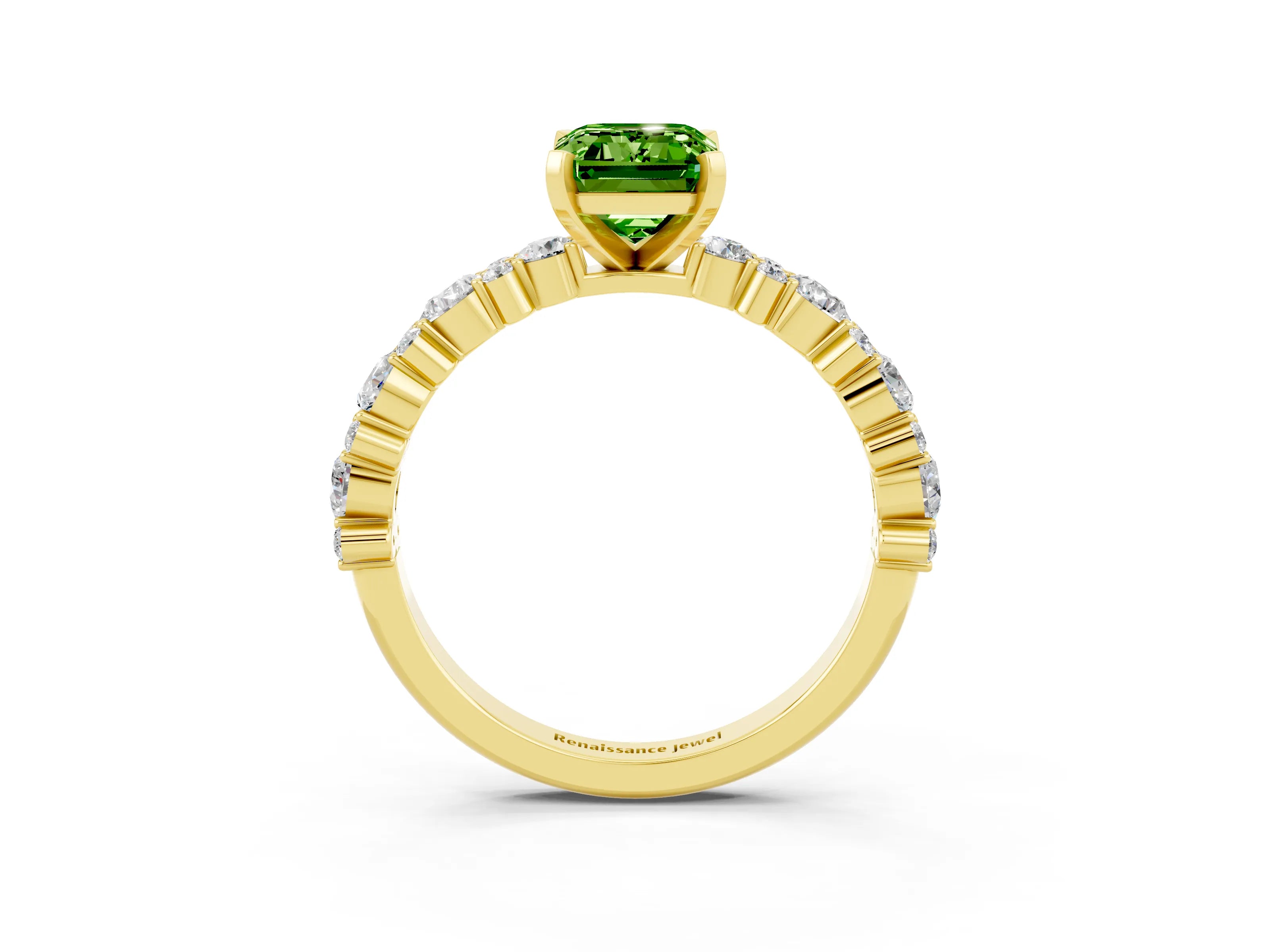 Yellow gold Emerald Cut Peridot Solitaire with Side Stones, Pave Band, Four-Prong Setting_27
