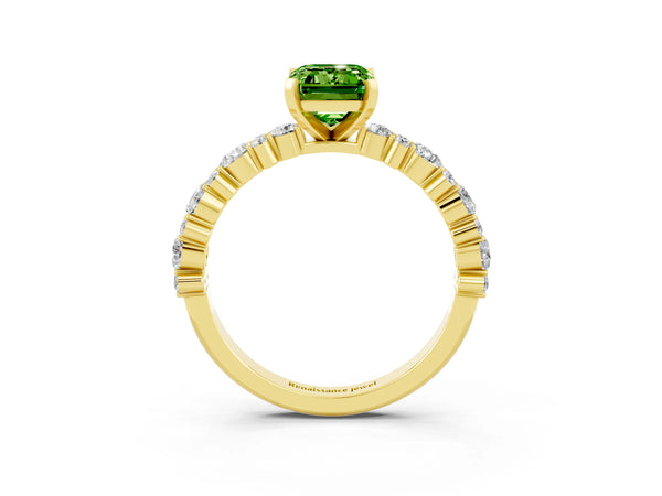 Yellow gold Emerald Cut Peridot Side Stone Solitaire Ring with Round  and Four-Prong Setting