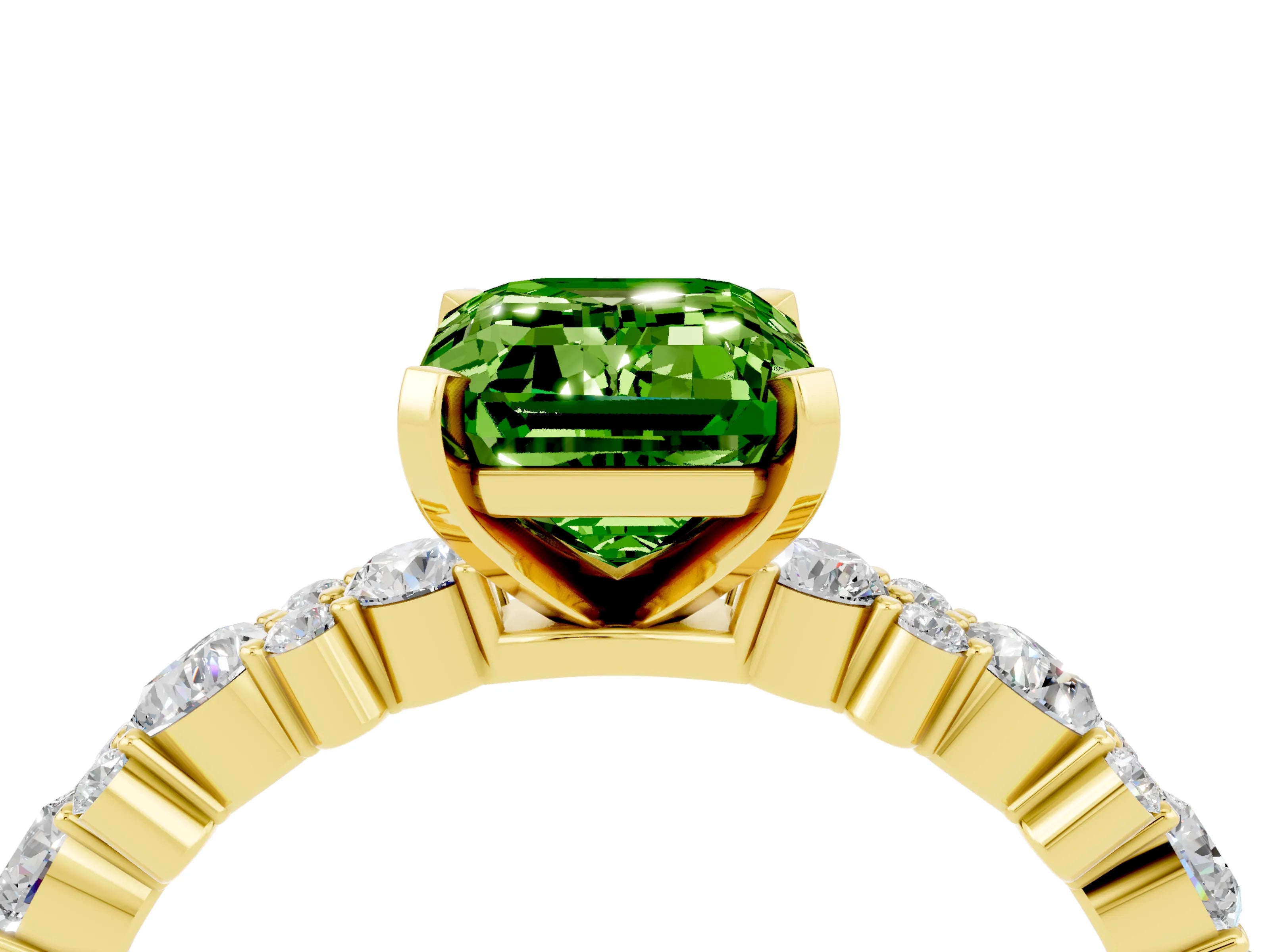 Yellow gold Emerald Cut Peridot Solitaire with Side Stones, Pave Band, Four-Prong Setting_28