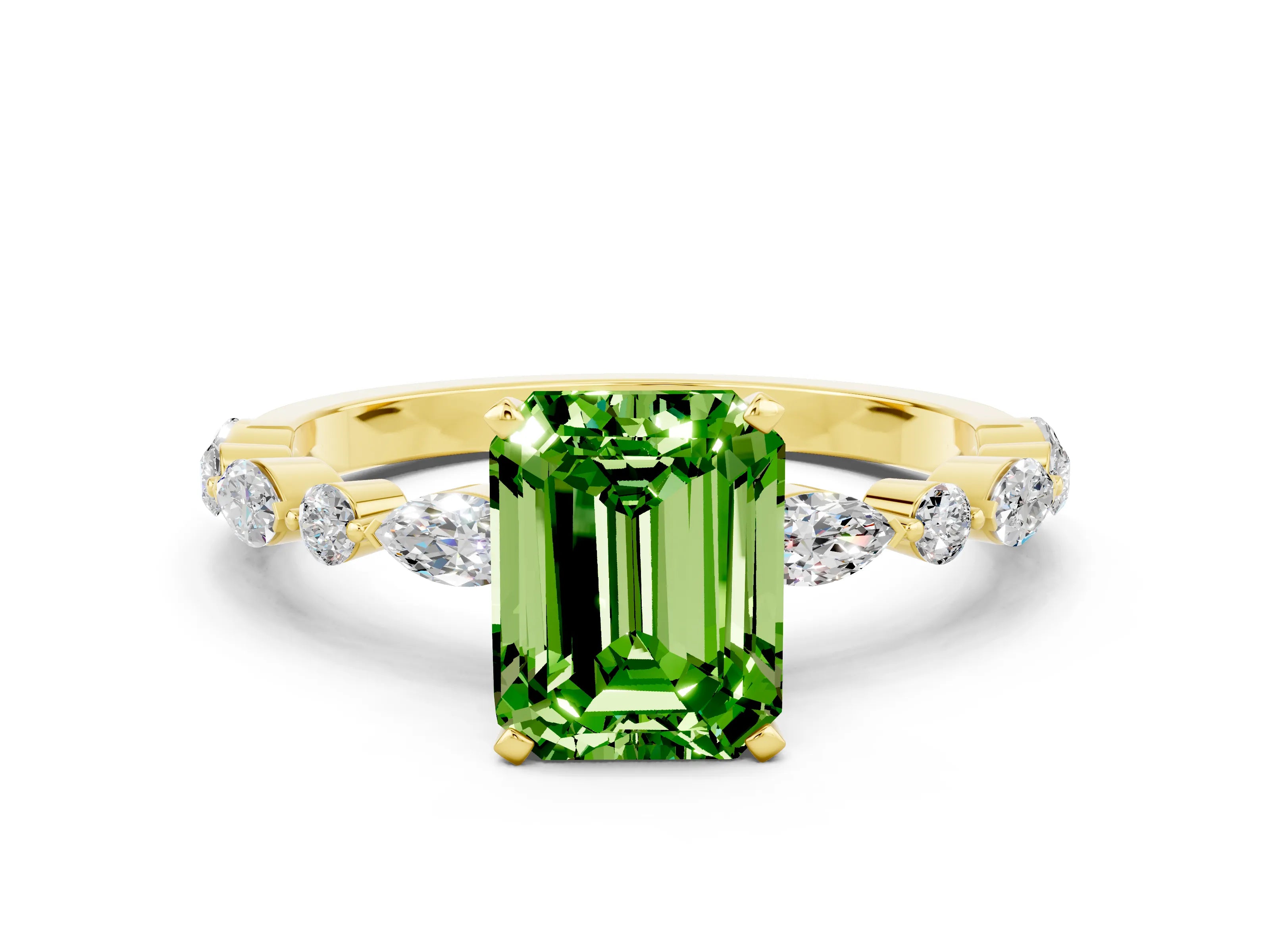 Yellow gold Emerald Cut Peridot Solitaire with Side Stones on a Pavé Band and Four-Prong Setting