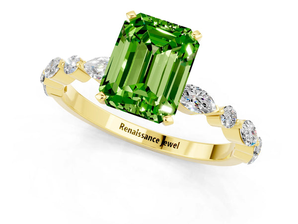 Yellow gold Emerald Cut Peridot Ring with Marquise and Round  Side Stones and Four-Prong Setting