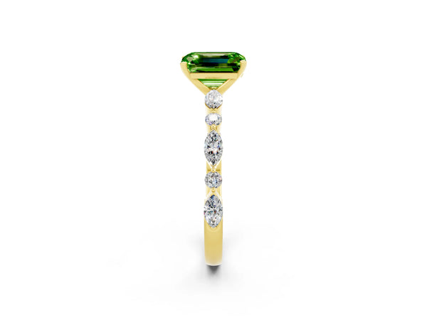 Yellow gold Emerald Cut Peridot Ring with Marquise and Round  Side Stones and Four-Prong Setting