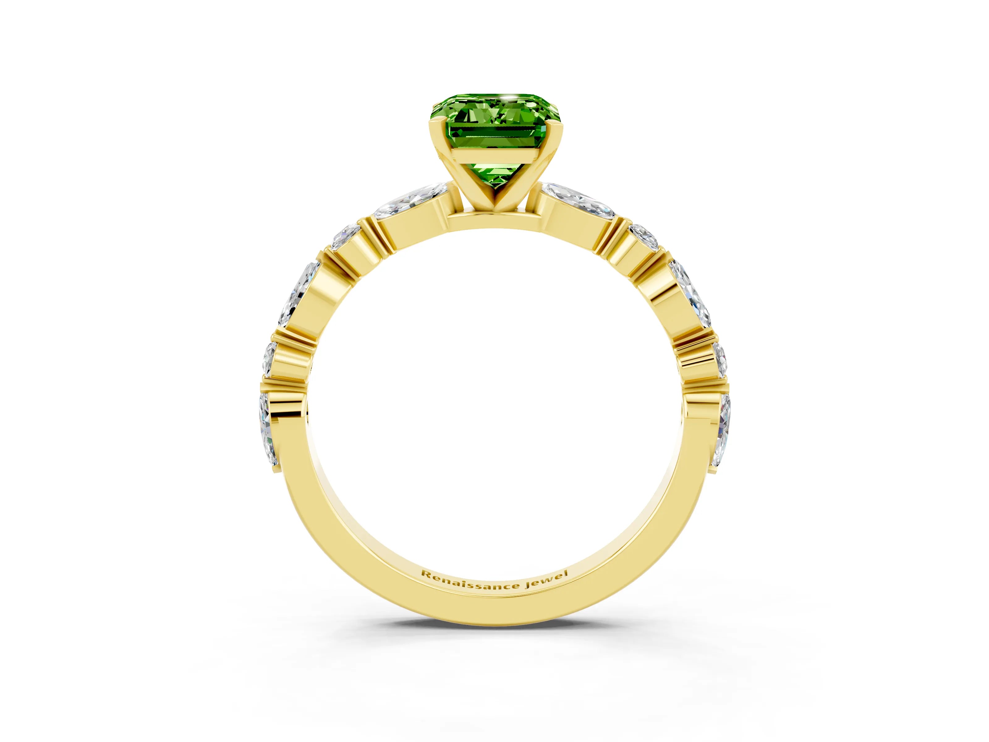 Yellow gold Emerald Cut Peridot Solitaire with Side Stones on a Pavé Band and Four-Prong Setting_3